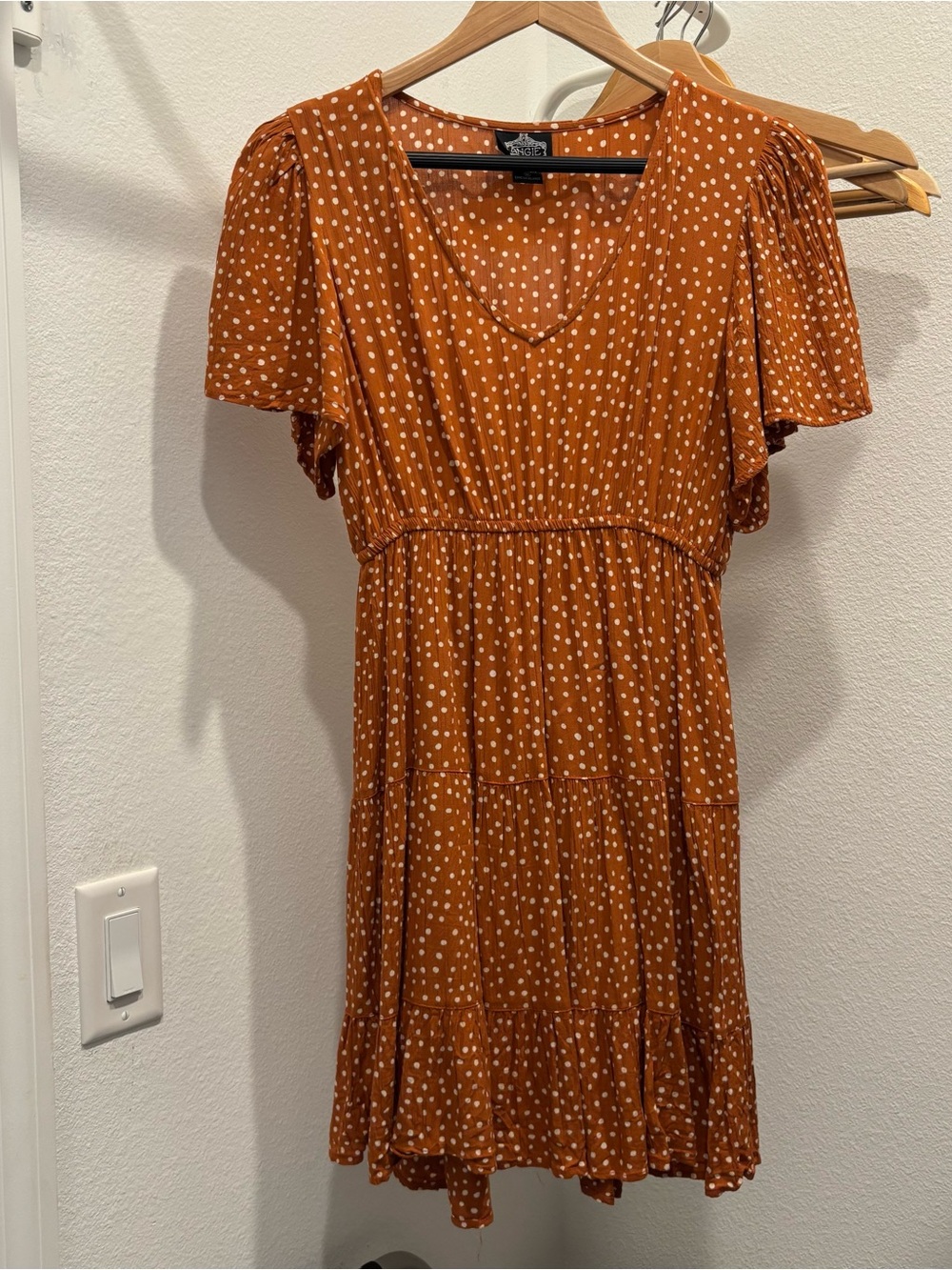 Angie Rust Polka Dot V-Neck Tiered Mini Dress